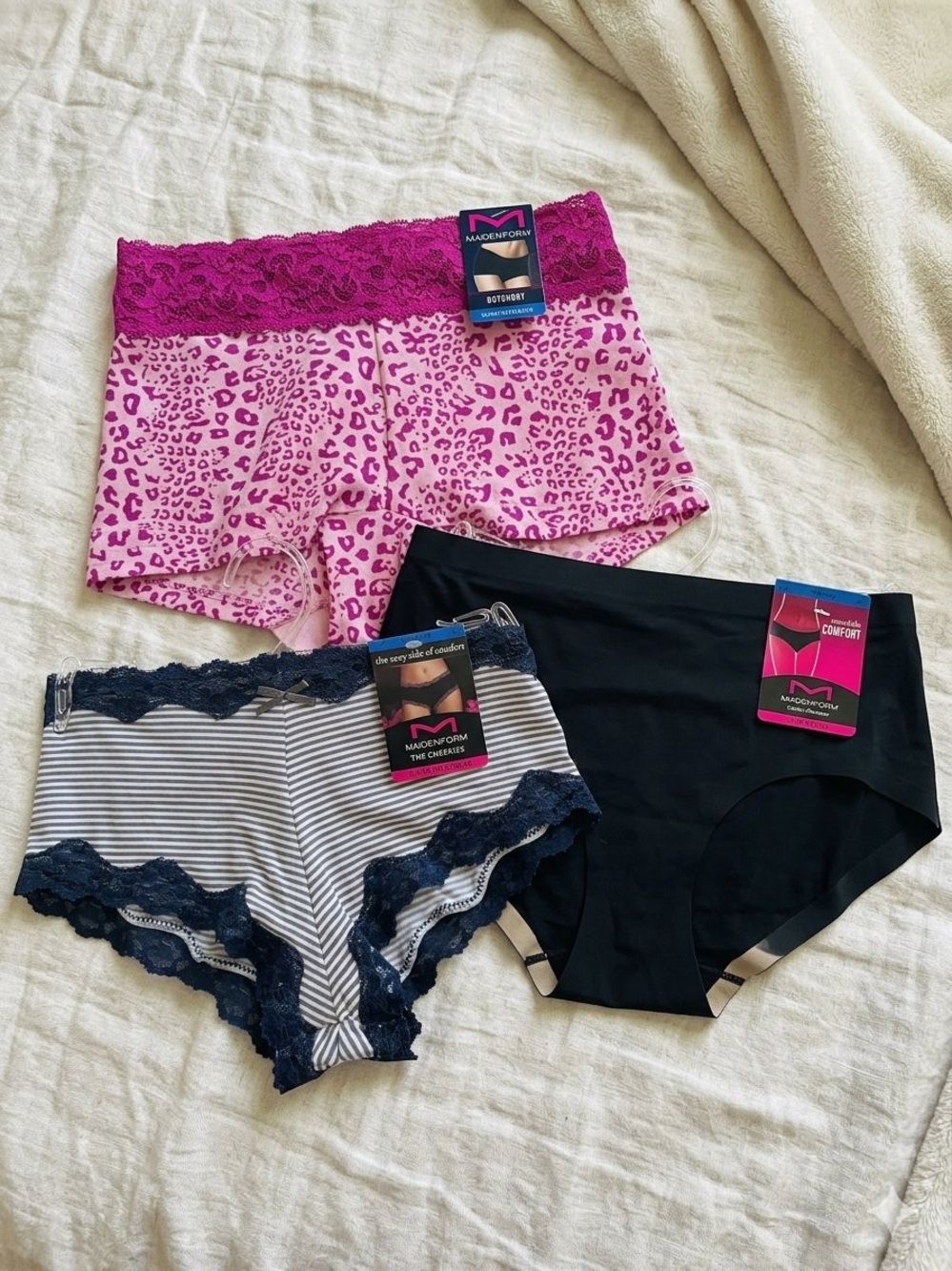 Maidenform Pink Leopard, Navy Stripe & Black Cheeky Panty Trio